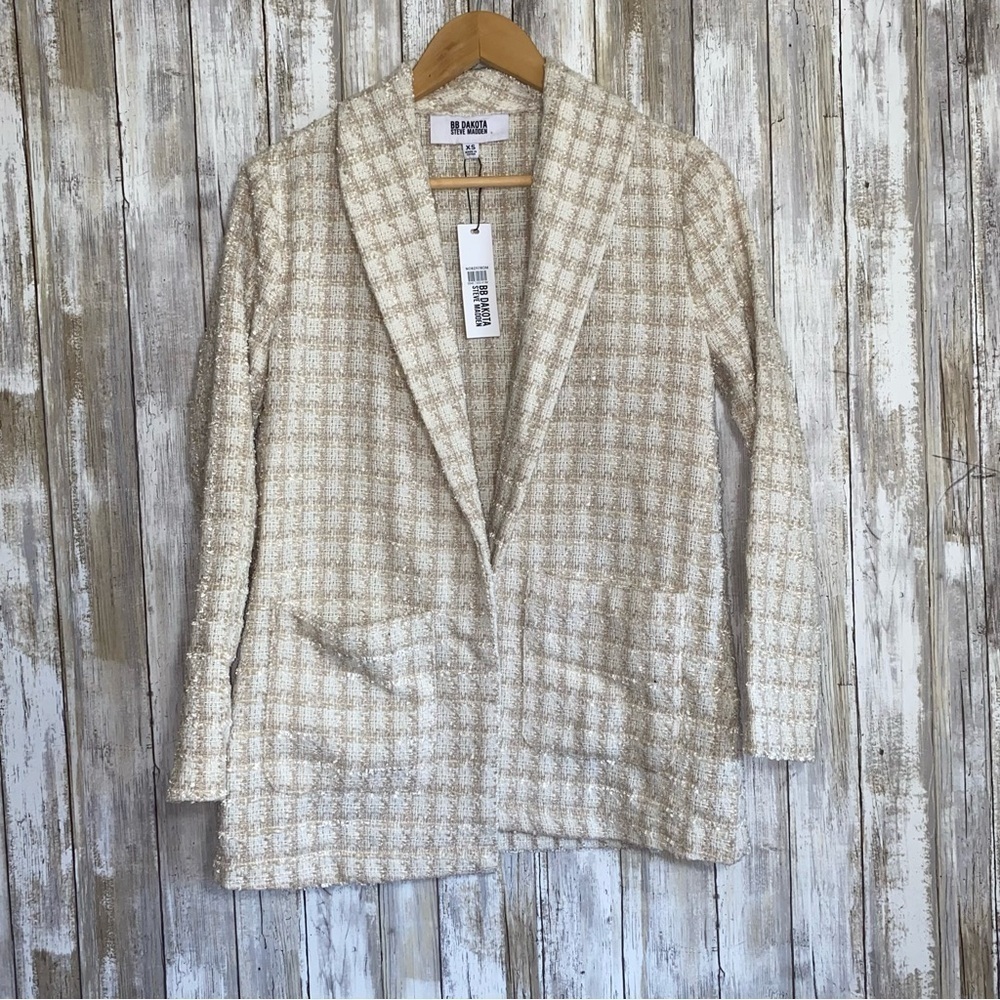 NWT BB Dakota Steve Madden Ivory Tweed Open Front Blazer XS - Picture 2 of 6